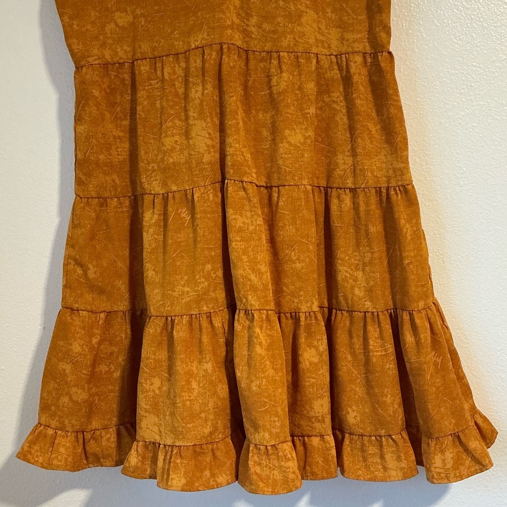 Deep Mustard Yellow V-neck Mini Dress with Ruffle Sleeves and Hem - Picture 4 of 10